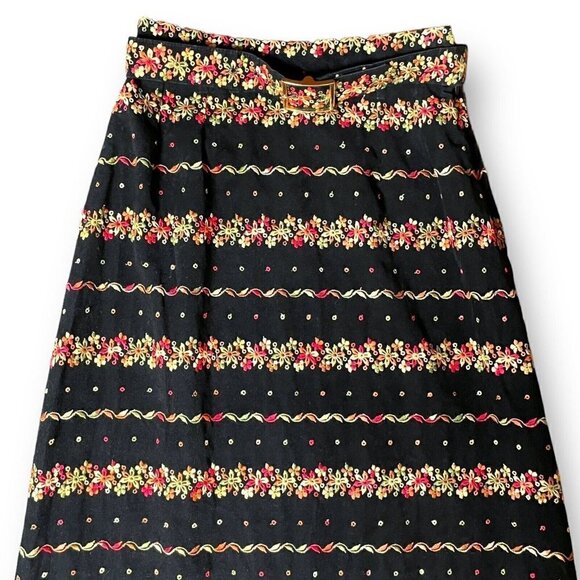 Vintage 1960s Malbe Womens Maxi Skirt XS Black Velvet Floral Embroidered Belted - Picture 2 of 9